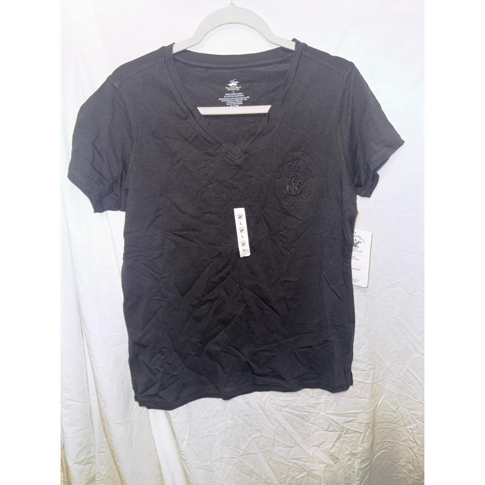 Beverly Hills Polo Club Womens V-Neck T-Shirt Black Embroidered Logo Size L‎ NWT